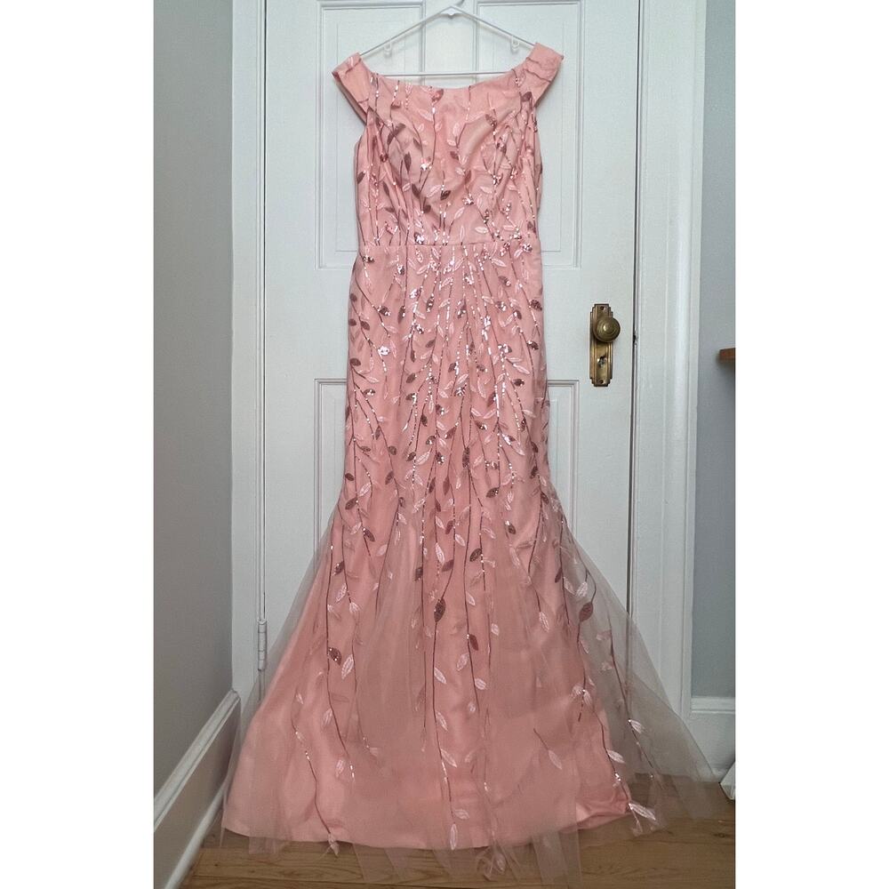 NEW Formal Gown Maxi Dress Mermaid Pink Sequin Leaf Embroidery Tulle Women's S